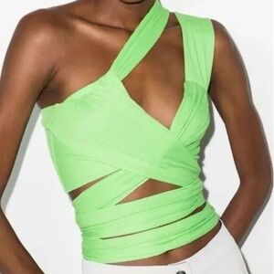Lama Jouni Revolve Asymmetric Cut Out Bandage Wrap Top in Neon Green Medium NWT